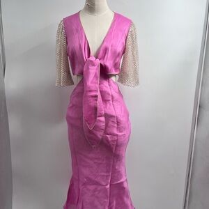 Sana Osmani Women's Fishnet Sleeve Front Tie Fuchsia Pink CHARLOTTE DRESS Size S